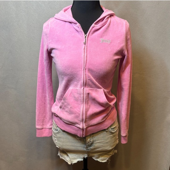 Juicy Couture Tops - Juicy Couture Pink Velour Rhinestone Zip Up Hoodie Size 12 fits Xs Y2K McBling
